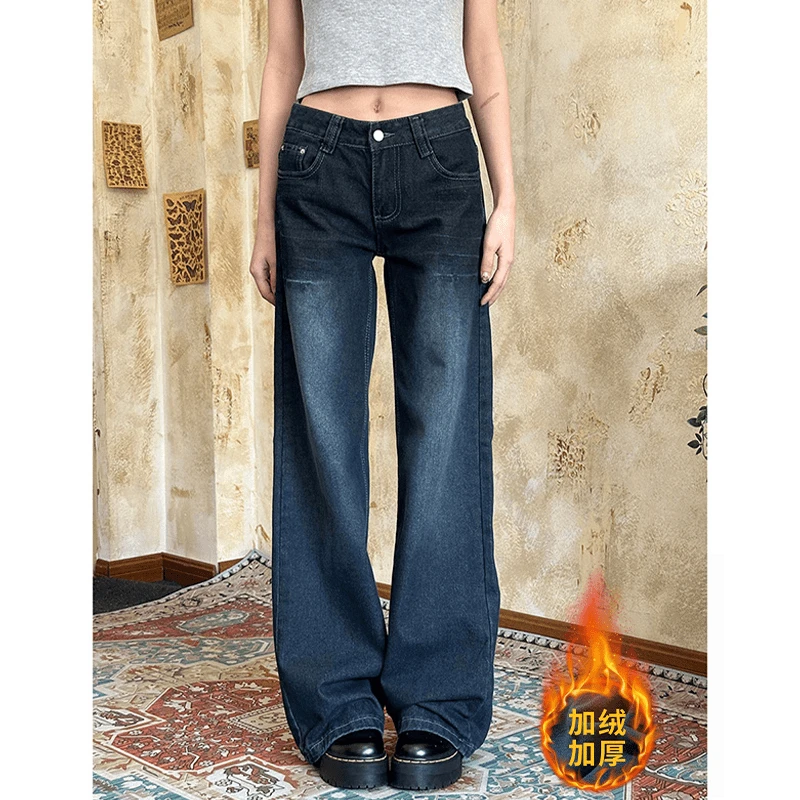 美式复古加绒加厚微喇牛仔裤女秋冬不贴腿宽松阔腿梧桐喇叭拖地裤