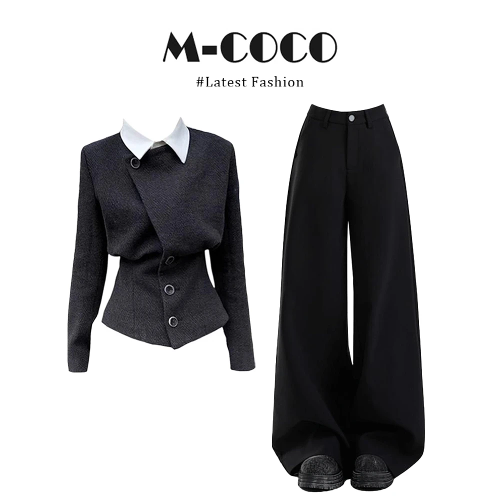 parkyeon巨好看的早秋假两件毛呢外套女黑色阔腿裤时尚两件套