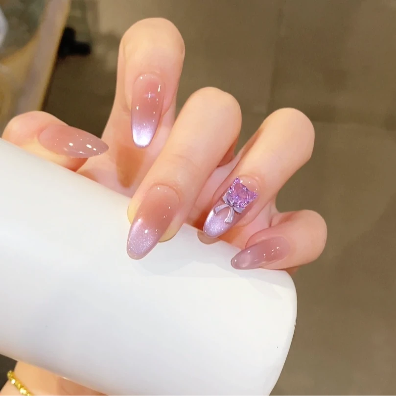 来财紫喵  蝶诗舞 纯手工定制美甲贴片  猫头锆石定制穿戴甲10片