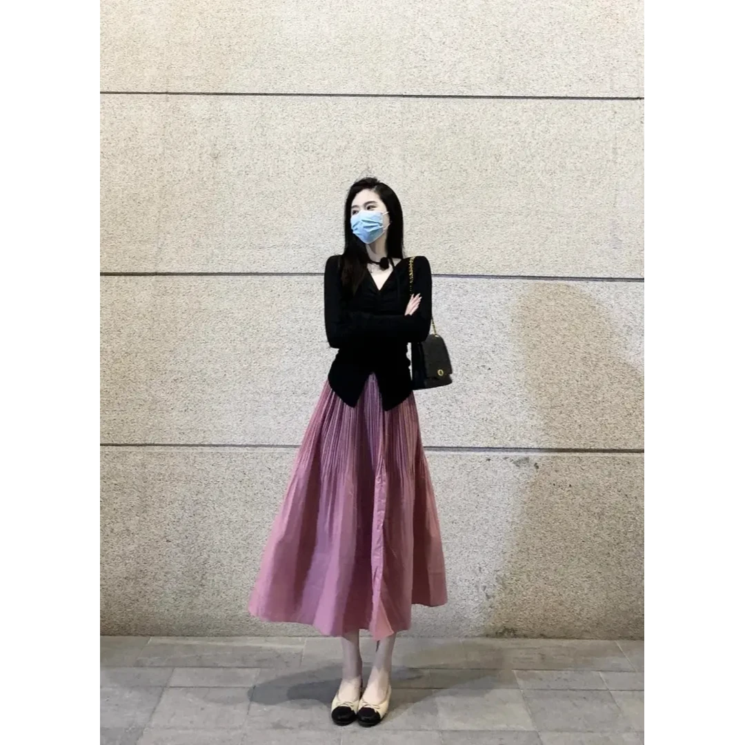 早秋穿搭一整套温柔风气质V领针织上衣女粉色百褶裙两件套装女潮