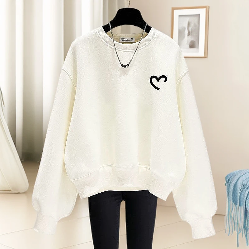 小爱心简约圆领短款卫衣女2025春秋冬宽松慵懒风加绒加厚套头潮
