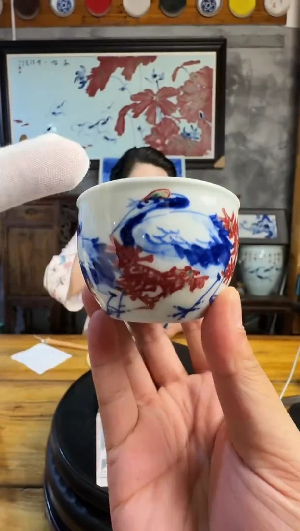 方青老师《青花釉里红仙鹤大缸杯4》带收藏证书