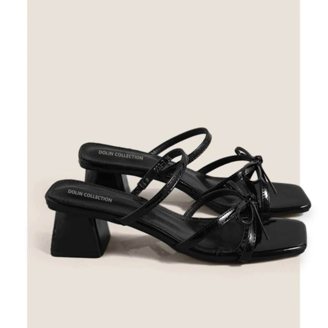 2025年小众仙女风银色凉拖鞋气质名媛蝴蝶结凉鞋露趾粗跟罗马凉鞋