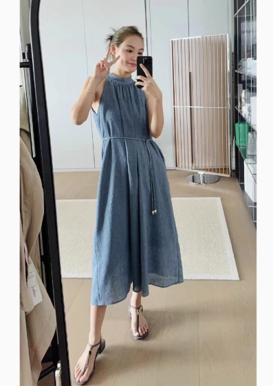 美洋MEIYANG【福袋】贝加尔湖连衣裙 棉麻混纺丹宁蓝宽松挂脖 S码