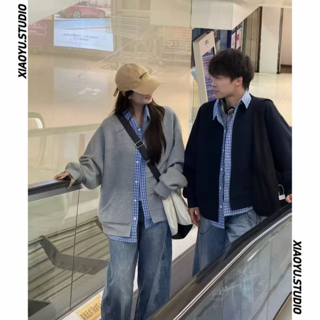 UEVRGM春季新款假两件男女同款情侣拼接格子休闲卫衣百搭款上衣