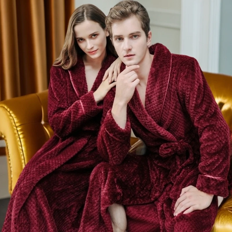 睡袍女冬季情侣珊瑚绒浴袍加绒加厚法兰绒男士睡衣秋冬加长款批发