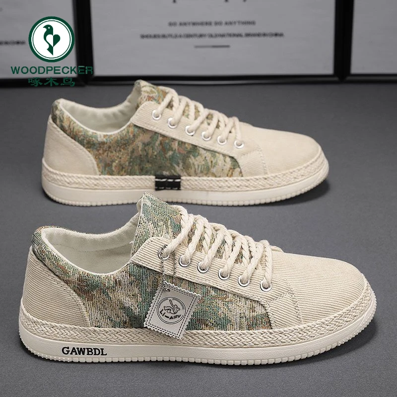 【正品】啄木鸟男鞋春季透气板鞋男帆布鞋轻便舒适软底低帮休闲鞋