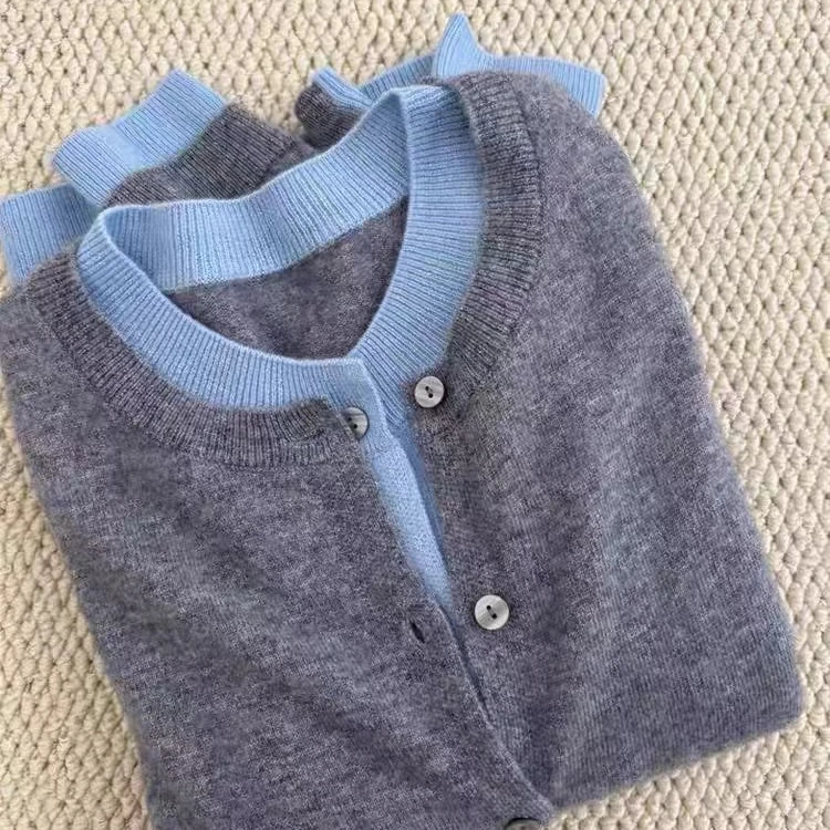 设计感拼色假两件纯毛开衫女针织圆领外套打底上衣