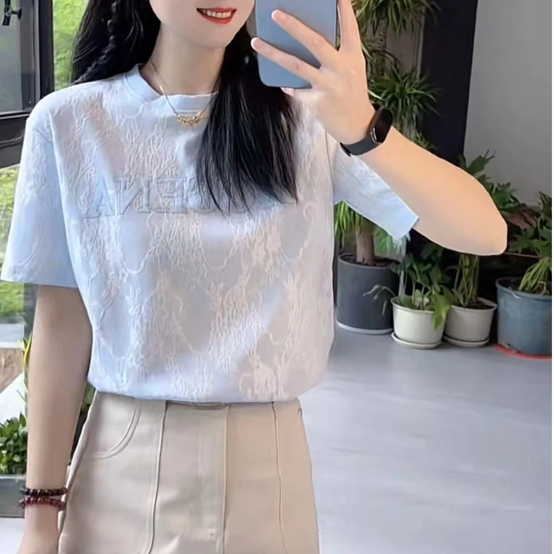 T礼盒装2516-夏日时尚简约潮流圆领蕾丝短袖宽松女款T恤百搭上衣