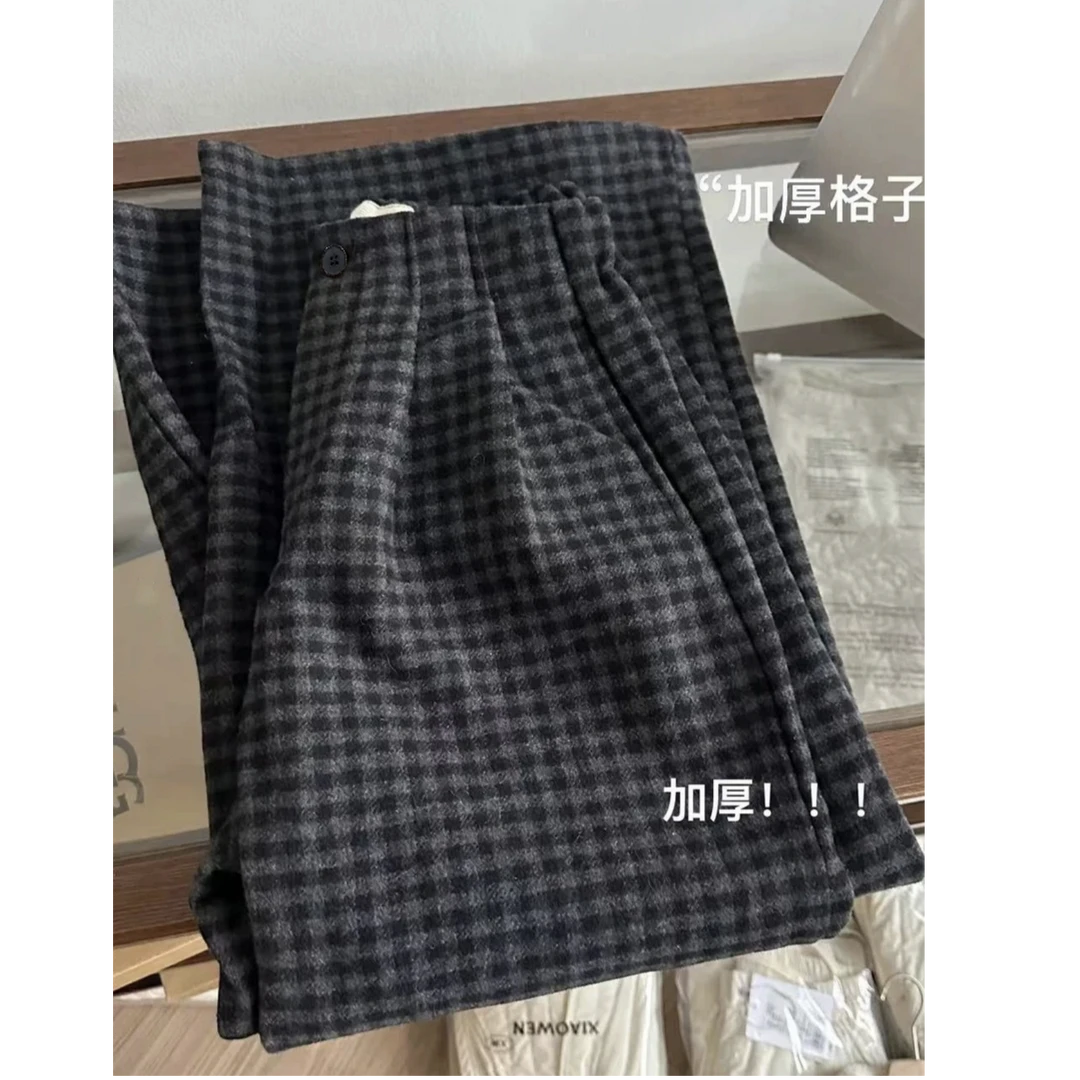 早春款加厚复古格子裤女半松紧垂感宽松百搭显瘦经典阔腿裤8114
