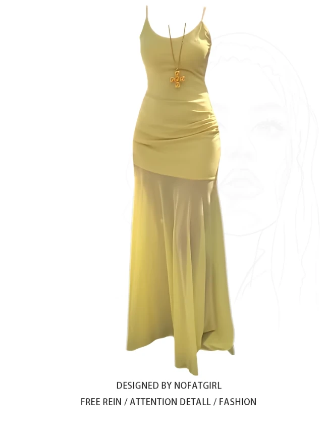 大码胖MM多巴胺网纱拼接黄色吊带裙女夏季新款褶皱修身度假风长裙