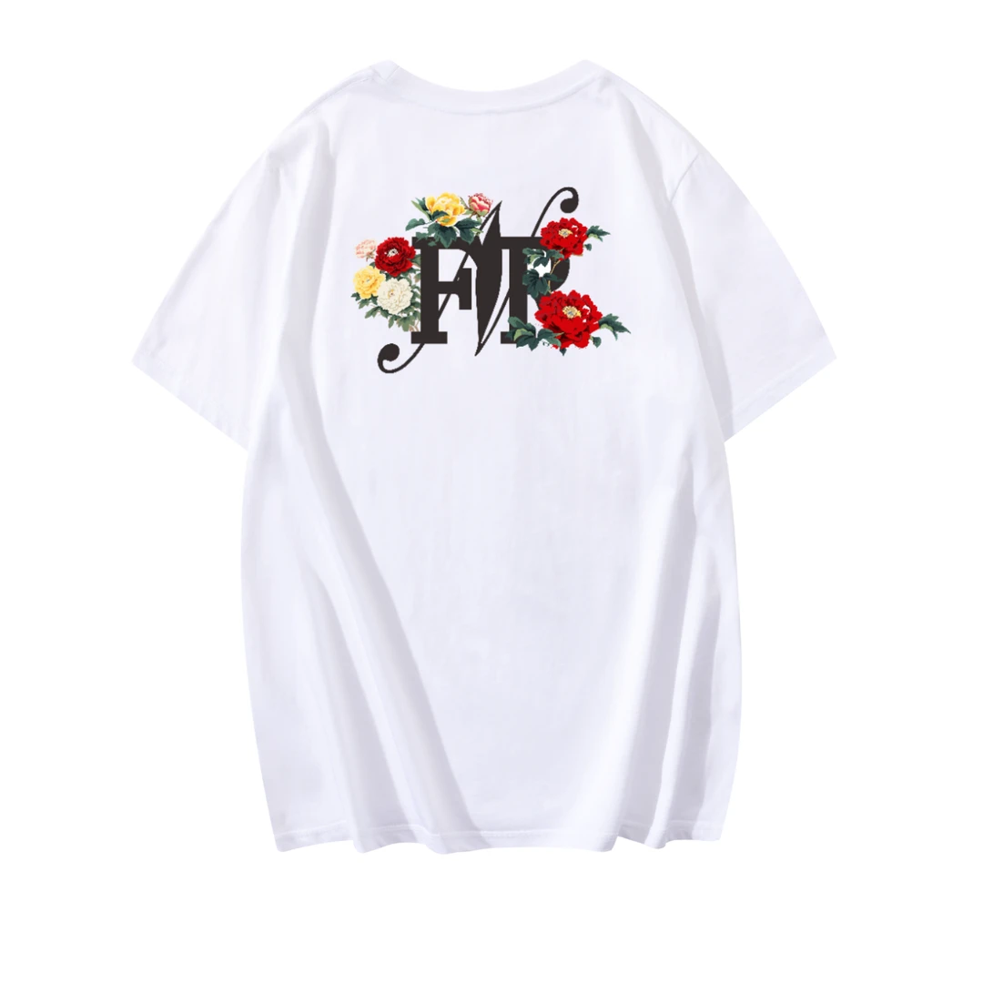 美式复古玫瑰花字母艺术图案艺术字体男女同款夏季圆领短袖T恤