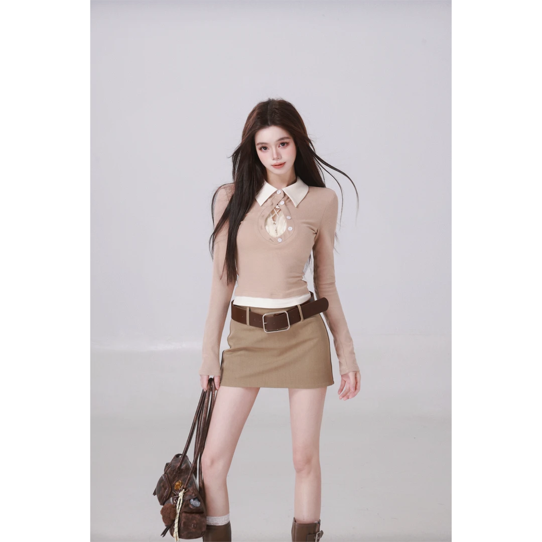 青青-WAHJU【初恋crush】假两件拼接撞色卡其上衣A摆显瘦半裙9150W