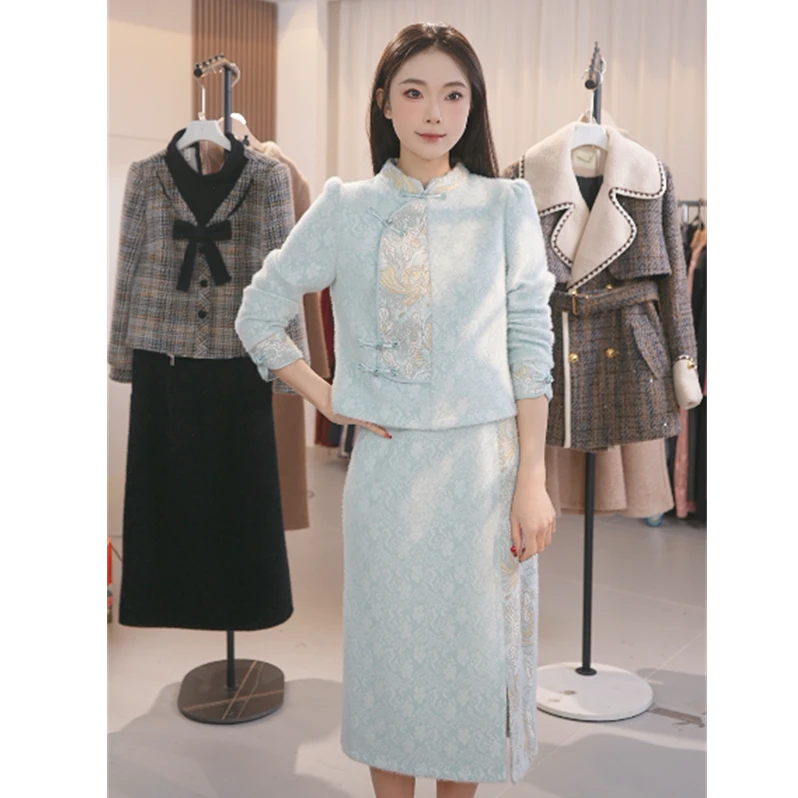 Y1802新中式上衣半身裙两件套套装裙女2025改良旗袍连衣裙