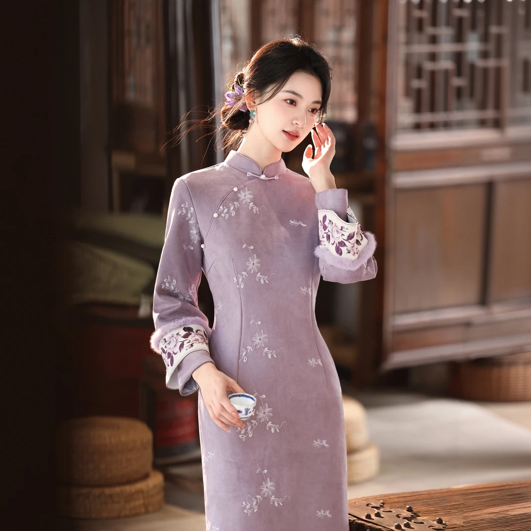 【紫嫣 】紫色加绒加厚长袖旗袍裙秋冬女装2025新中式国风收腰显瘦