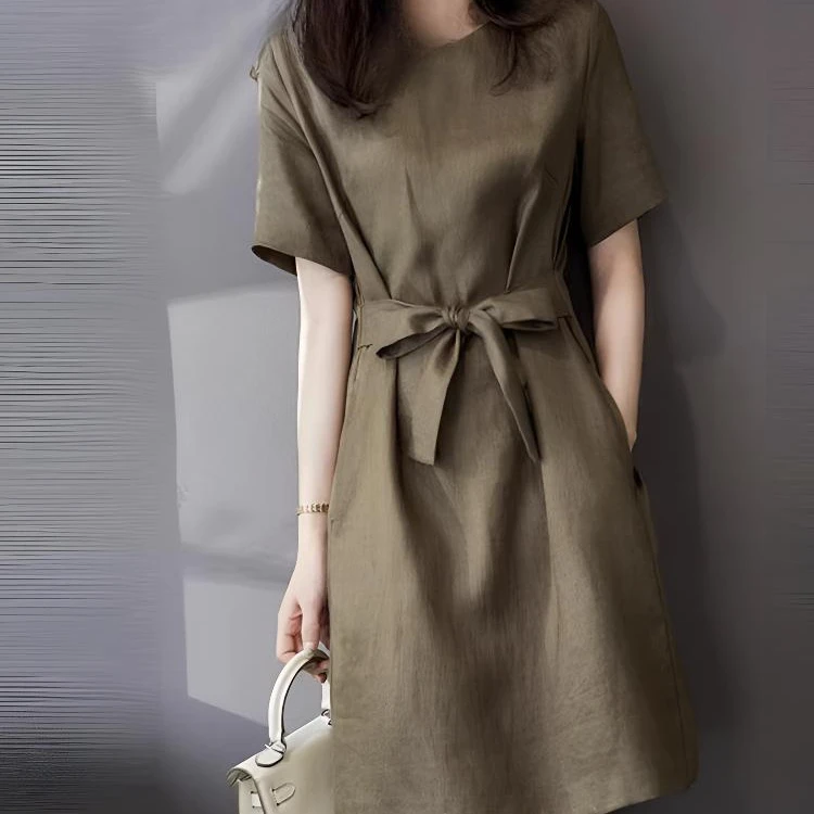 THEORY ERROR夏季新款高级感中长款连衣裙收腰显瘦亚麻裙子女气质