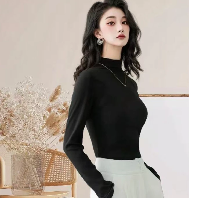 黑色半高领打底T恤半高领女女士套头打底衫长袖保暖