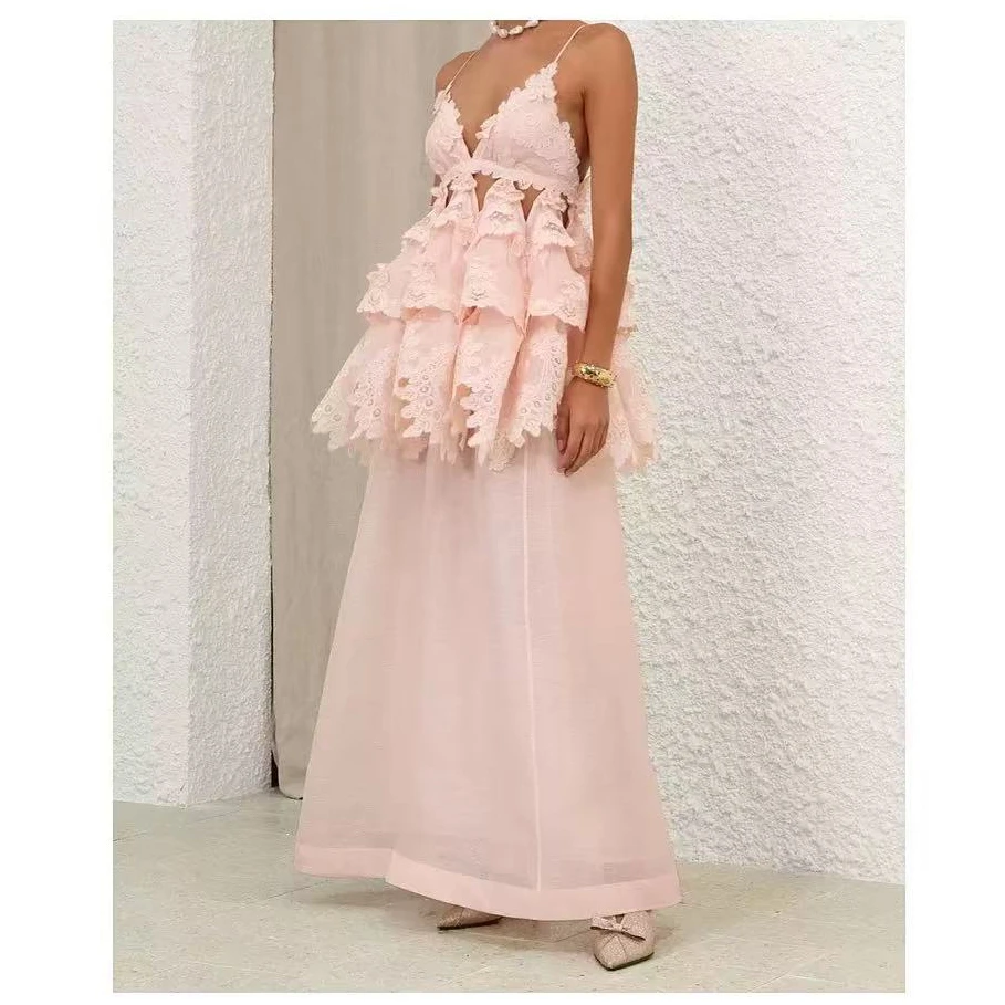 MEIZI【5.1度假专场】澳洲小众镂空绣花短吊带叠层重工吊带连衣裙