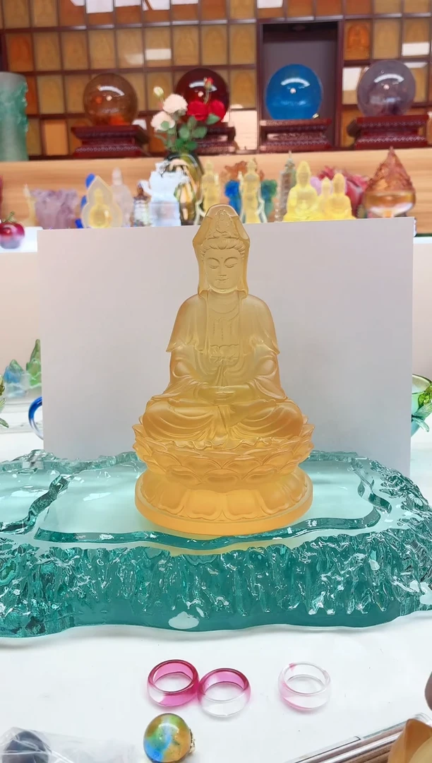 手工艺品琉璃琥珀色观音菩萨18公分