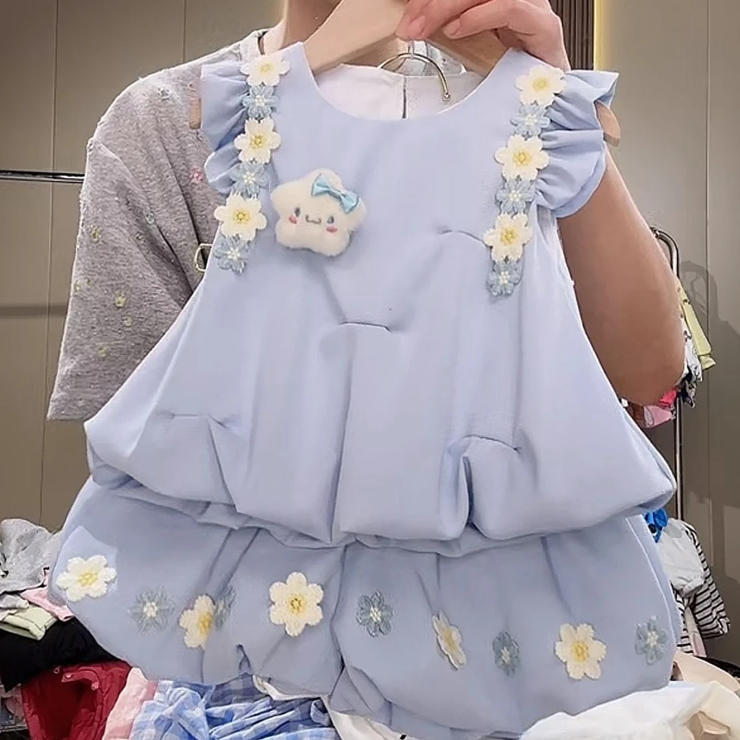 休闲风女夏季星形常规套装少女上衣裙子中国风甜美儿童女童洋气