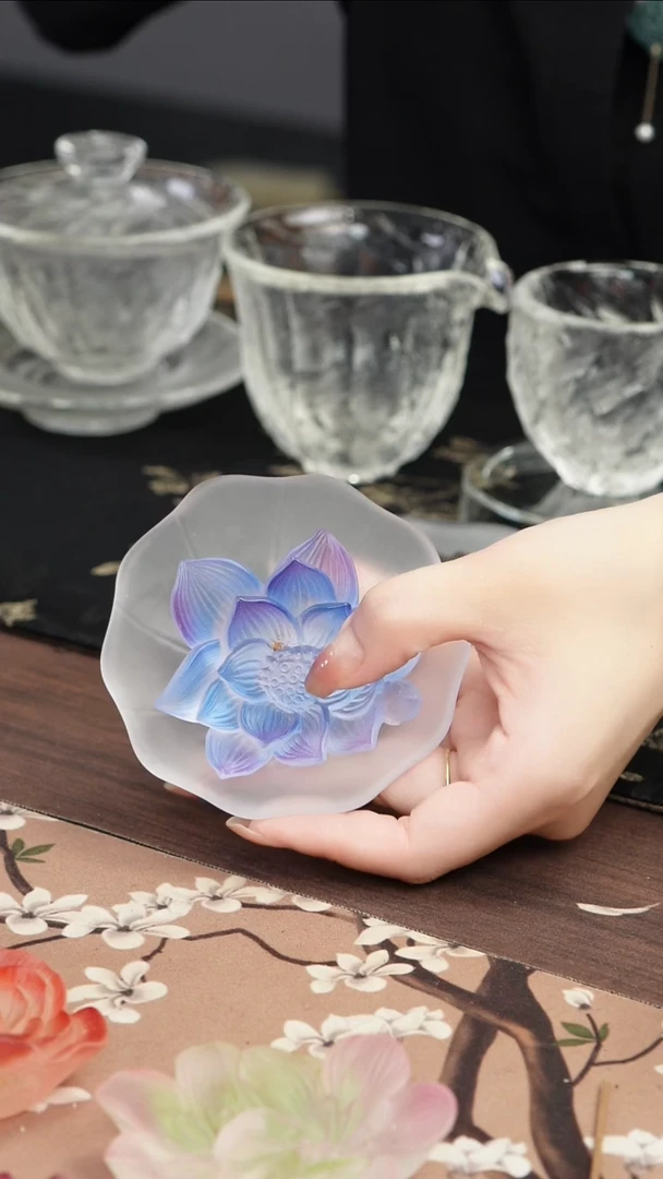 琉璃手工艺品6月荷花香插带杯垫