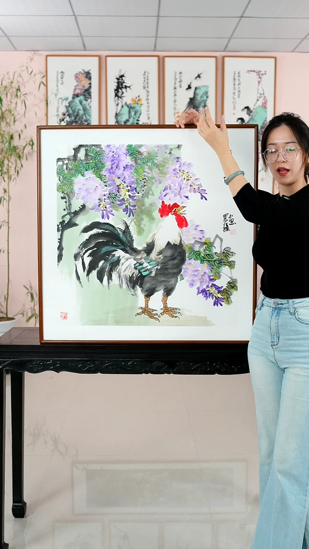 国画汪琼《报春图》手绘含框82*82厘米