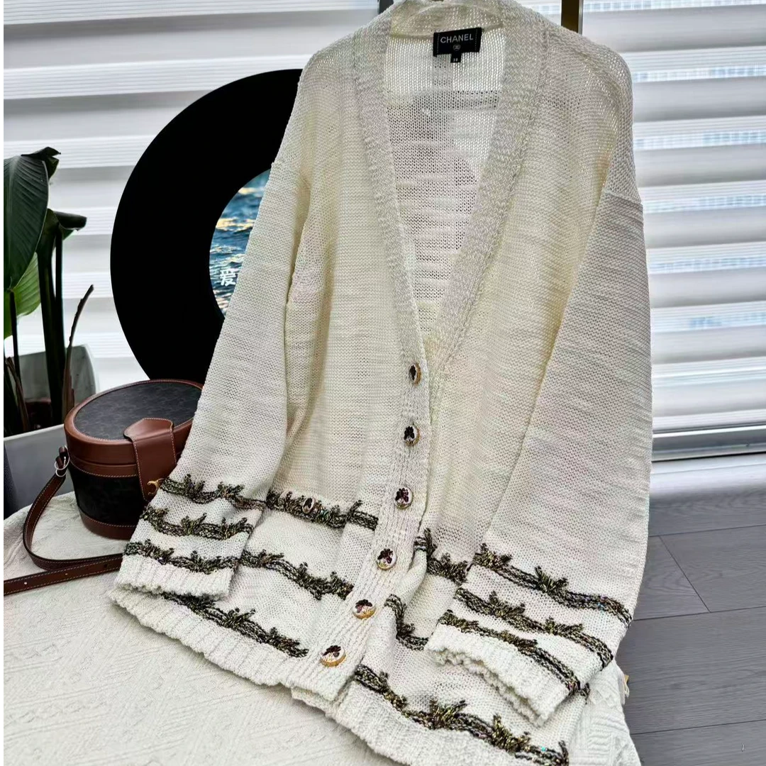 99新 Chanel/香奈儿 25A白金编织镂空针织开衫 38码