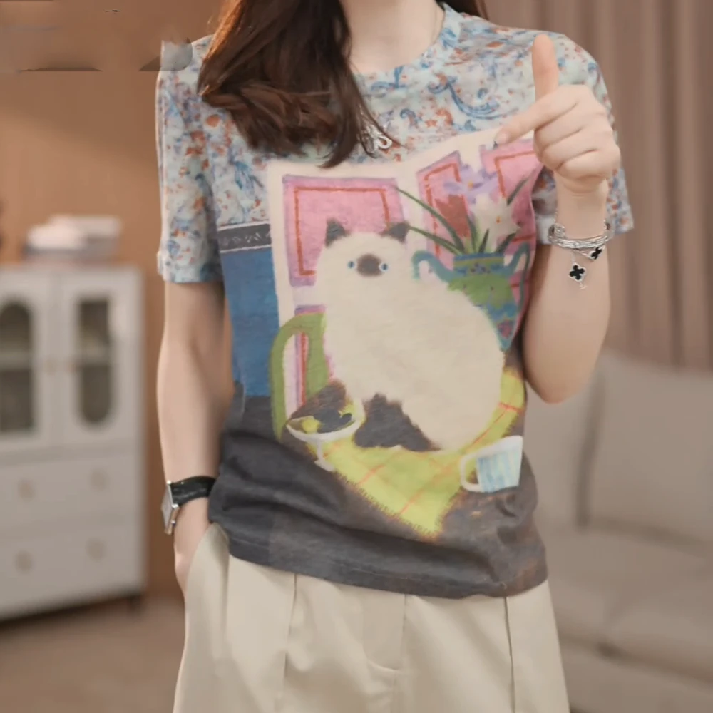 【布偶猫】休闲舒适百搭T恤女夏宽松复古圆领猫咪上衣半袖