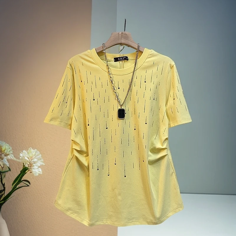 常规款烫钻标准女性圆领大码T恤常规透气创意纯色简约风