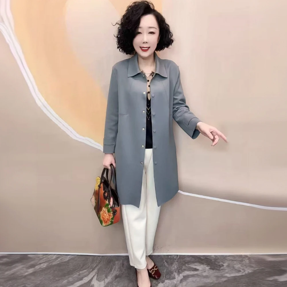 时尚中老年妈妈空气棉风衣春装新款宽松大码中长款翻领减龄外套女