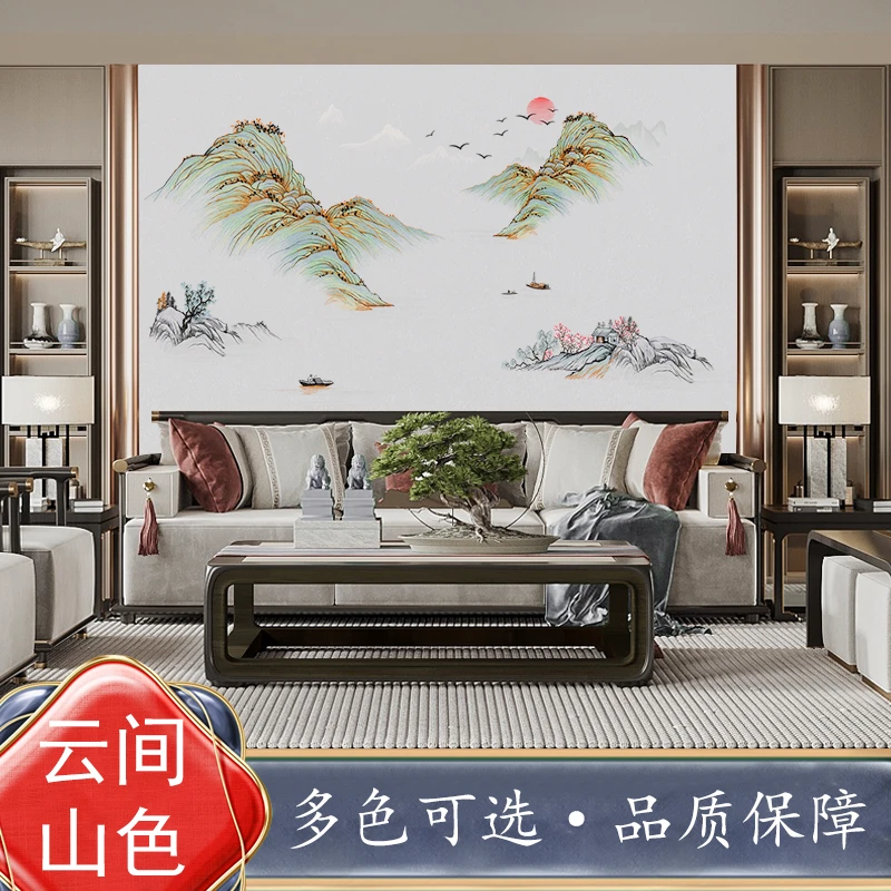 云间山色A7高端好看新中式背景独绣墙布背景墙电视墙刺绣壁布装修