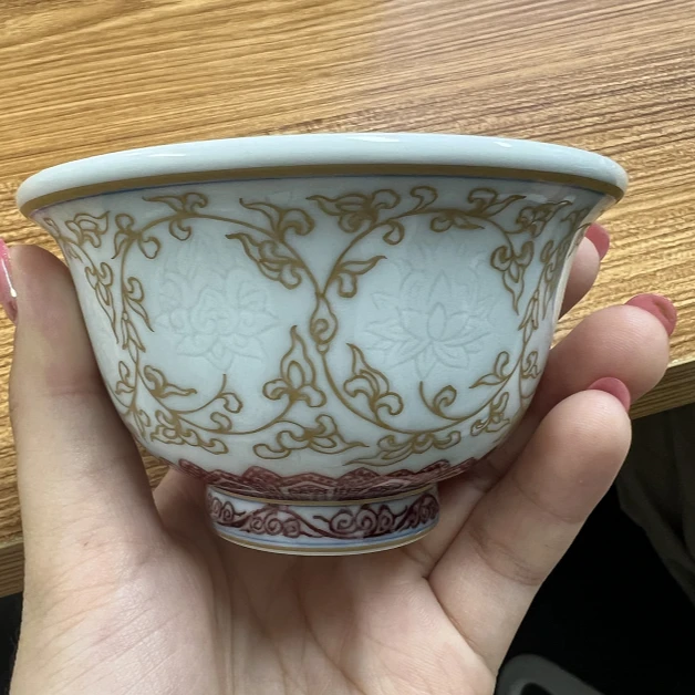 【栗子严选】屹朴暗刻全红压手杯（狮心）外描金缠枝莲1yipu1304