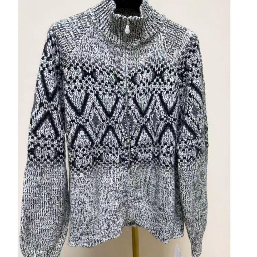 LIDU25年新款费尔岛BC老钱道袍开衫毛衣拼色提花针织外套048