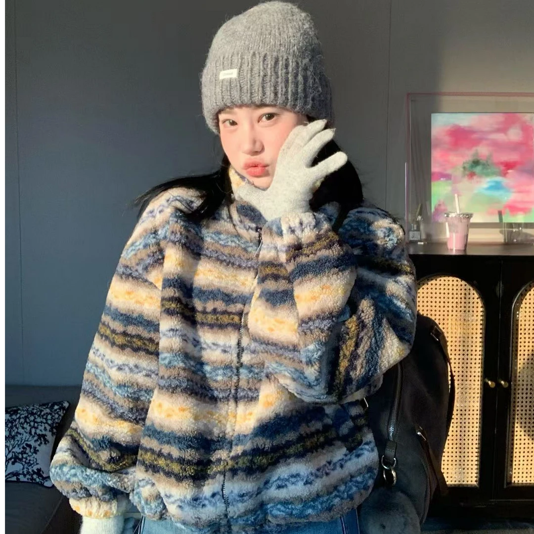 【梵高】秋冬立领宽松羊羔毛保暖抽绳百搭外套休闲风8125