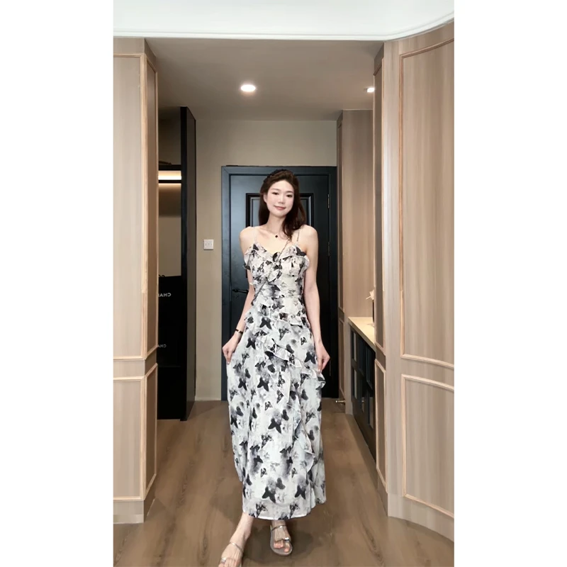 48h 蝴蝶画染/高个子女装 夏季不规则蝴蝶印花吊带连衣裙 JY337