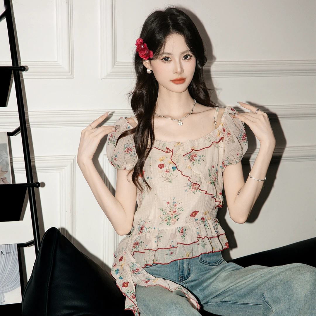 帛卡琪2025夏季新款法式碎花泡泡袖短袖雪纺衬衫女修身衬衣上衣