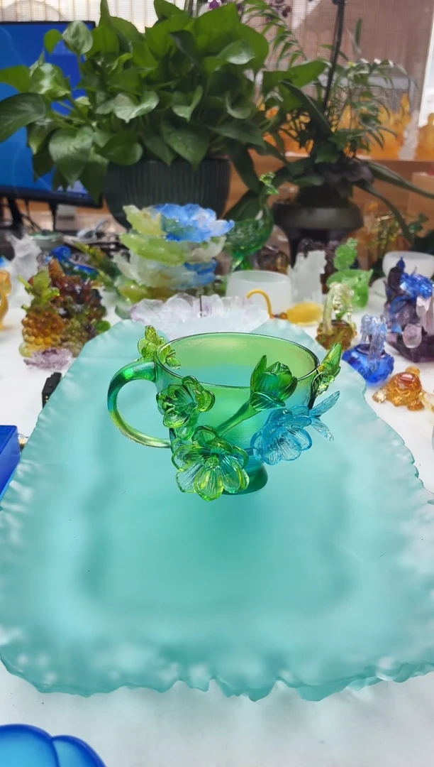 手工艺品琉璃绿色蝴蝶咖啡杯