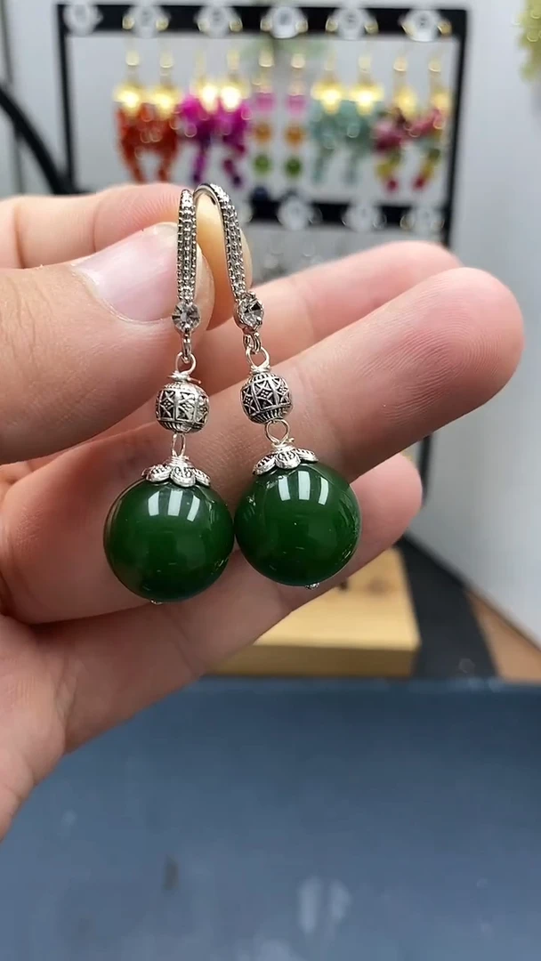 和田玉银S925镶嵌耳饰尺寸14mmA3