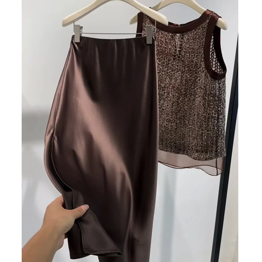 韩系小个子一整套穿搭咖色背心连衣裙休闲两件套装女2025新款夏季