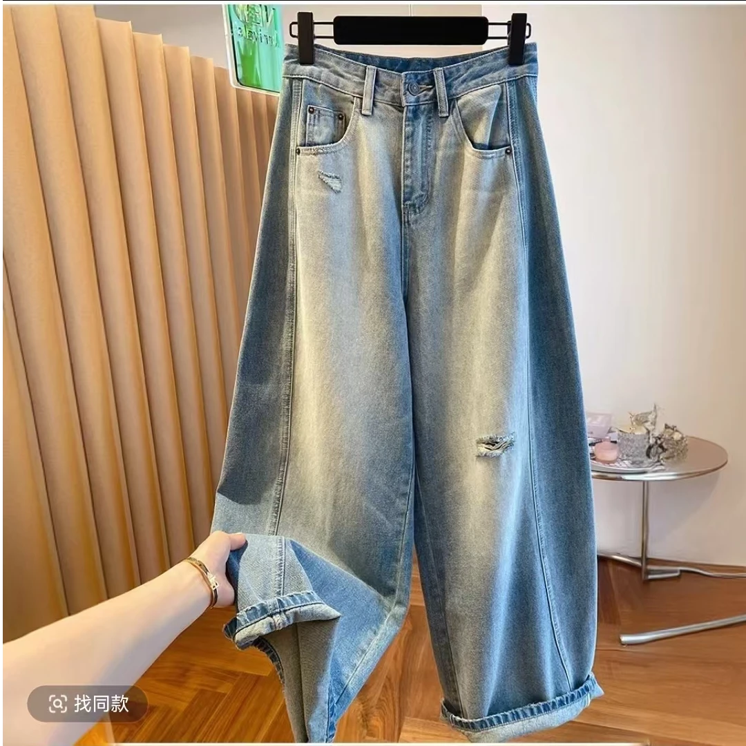 韩国东大门破洞弯刀阔腿牛仔裤女春秋2025新款宽松高腰显瘦镰刀裤