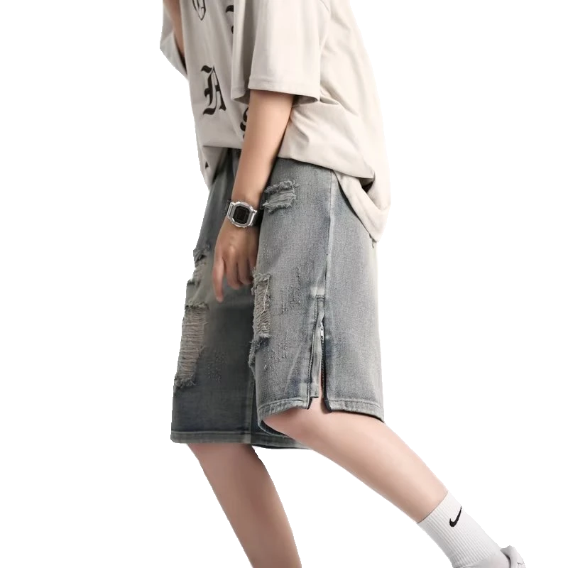 夏季宽松薄款男士直筒休闲中裤潮流韩版ins时尚大码短裤破洞DS