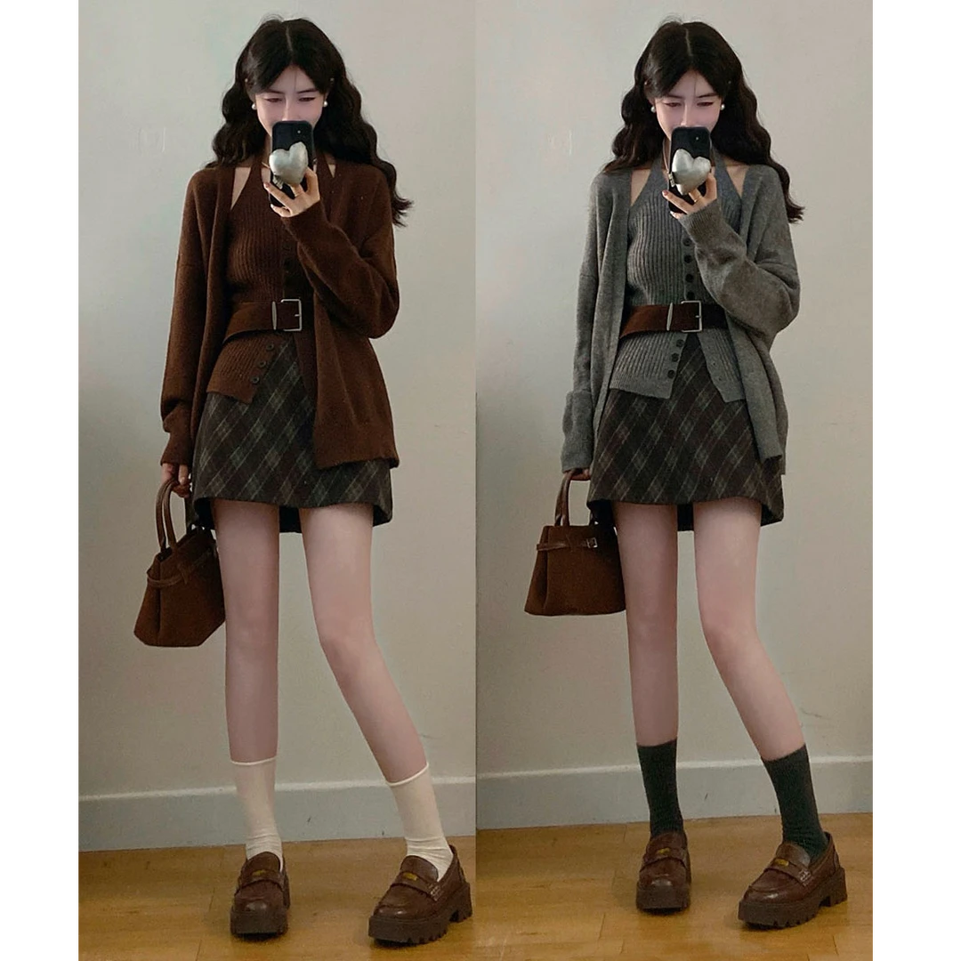 大码女装法式慵懒挂脖吊带+针织开衫+格纹半身裙三件套套装