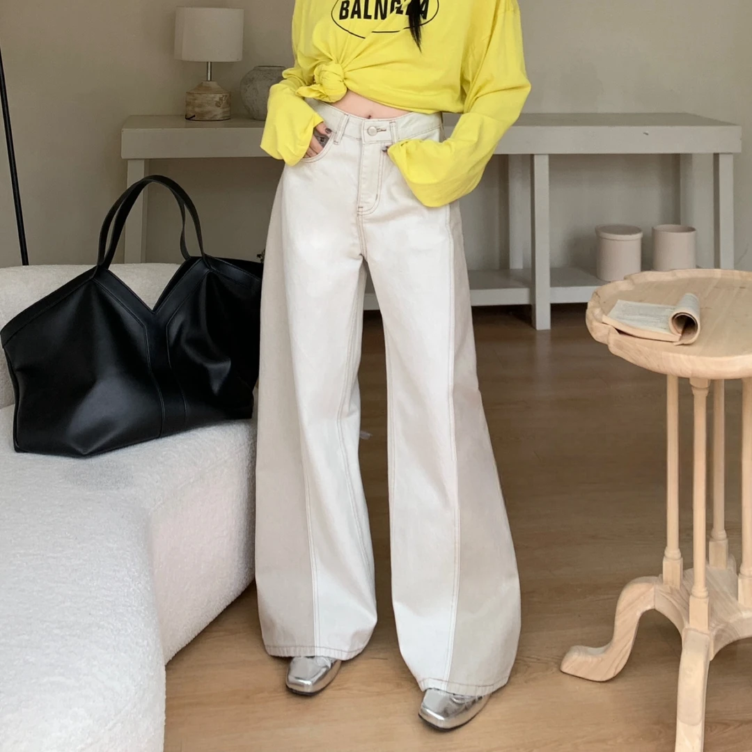 【裤博汇】99019春款新款海盐白牛仔月光灰双色拼接低弹高腰阔腿裤