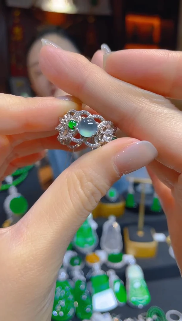 翡翠戒指银S925镶嵌天然A货翡翠戒指/74386