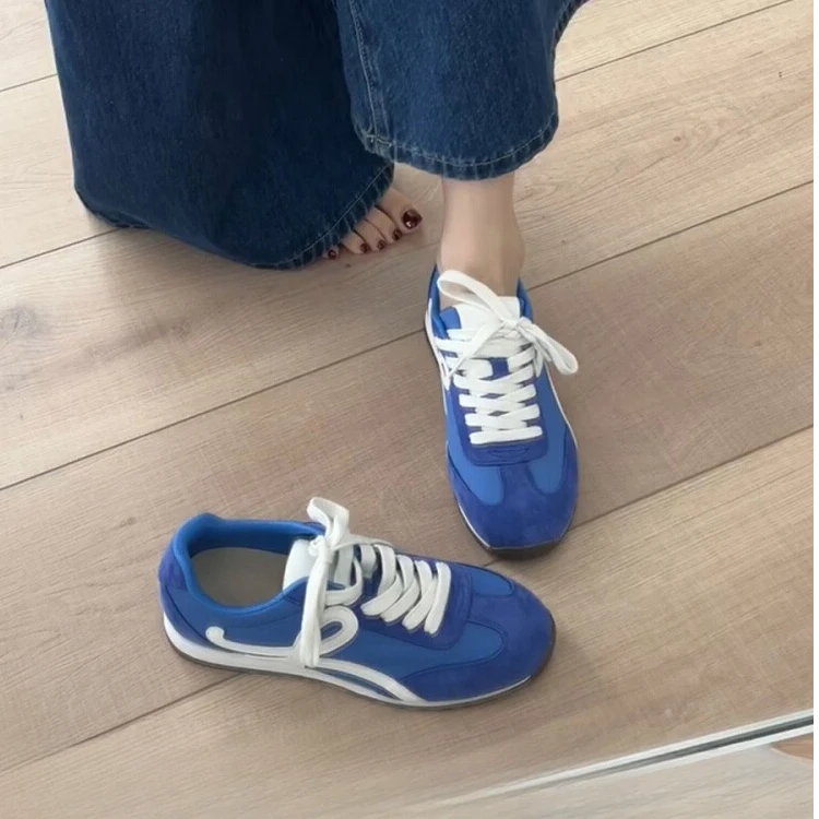 时尚复古德训鞋百搭拼色系带休闲运动鞋女平底小白鞋阿甘鞋潮