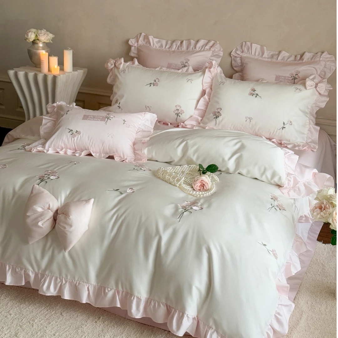 美如梦丨花间梦 100s长绒棉四件套精致刺绣荷叶边蝴蝶结床上用品
