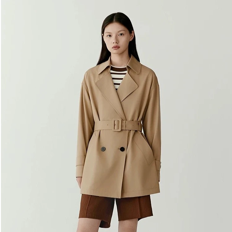 晶哥鱼鱼丝羊毛平纹布双排扣风衣 N1211