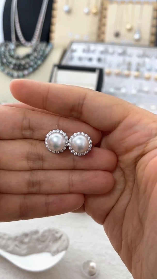 银S925镶嵌耳饰海水珍珠8-9