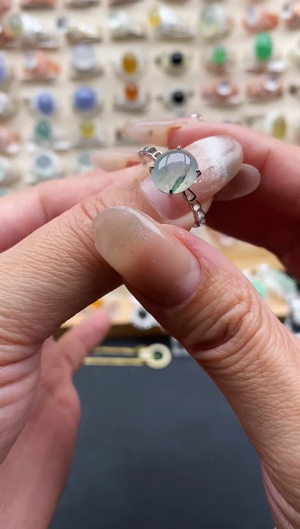 银S925镶嵌戒指翡翠缅甸天然A货翡翠2 6-7