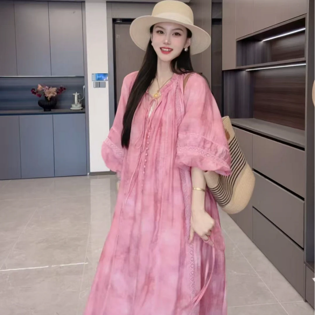 【小冉定制】（梦蝶飞舞）手工织带粉色v领气质连衣裙